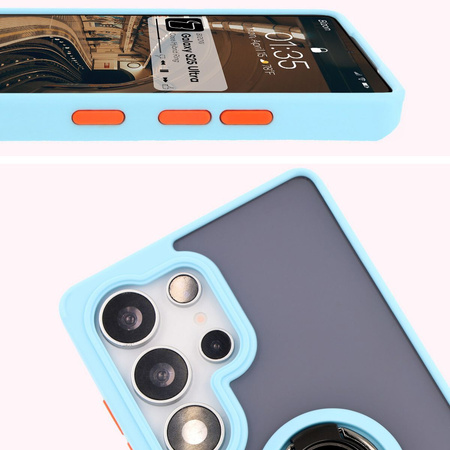 Etui z uchwytem na palec Bizon Case Hybrid Ring do Galaxy S25 Ultra, przydymione z jasnoniebieską ramką