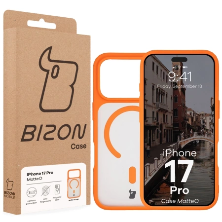 Etui z pierścieniem magnetycznym Bizon Case MatteO do iPhone 17 Pro, przydymione-pomarańczowe