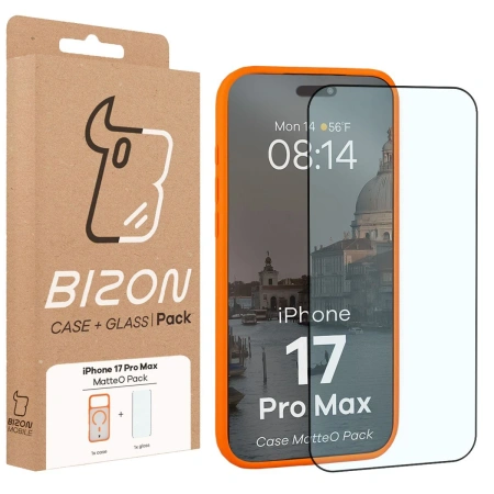 Etui z pierścieniem magnetycznym + szkło hartowane Bizon MatteO Pack do iPhone 17 Pro Max, przydymione-pomarańczowe