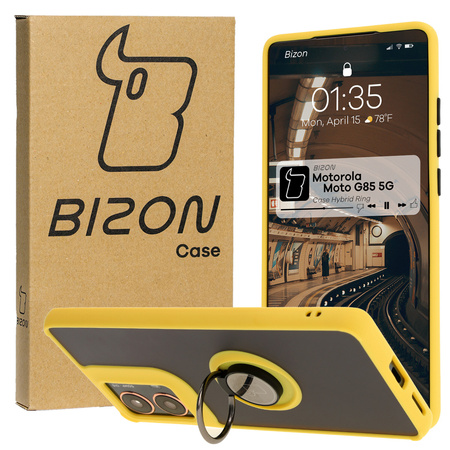 Etui z uchwytem na palec Bizon Case Hybrid Ring do Motorola Moto G85 5G, przydymione z żółtą ramką