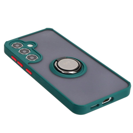 Etui z uchwytem na palec Bizon Case Hybrid Ring do Galaxy S24, przydymione z ciemnozieloną ramką