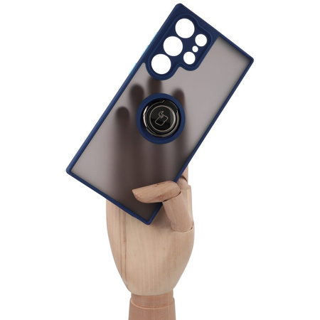 Etui z uchwytem na palec Bizon Case Hybrid Ring do Galaxy S23 Ultra, przydymione z granatową ramką
