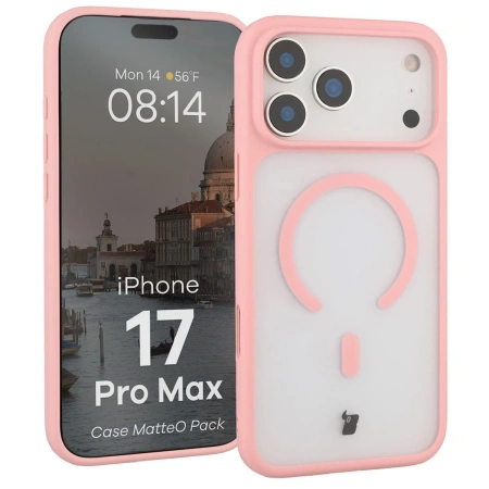 Etui z pierścieniem magnetycznym + szkło hartowane Bizon MatteO Pack do iPhone 17 Pro Max, przydymione-jasnoróżowe