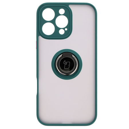 Etui z uchwytem na palec Bizon Case Hybrid Ring do iPhone 16 Pro Max, przydymione z ciemnozieloną ramką