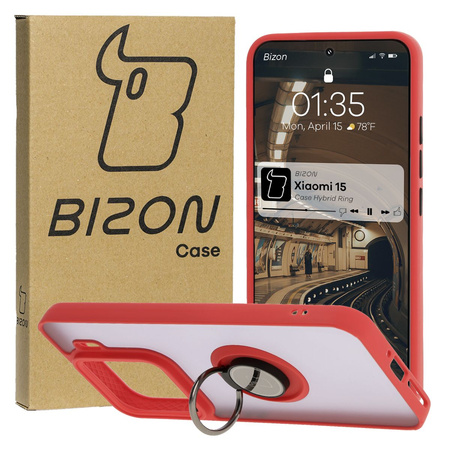 Etui z uchwytem na palec Bizon Case Hybrid Ring do Xiaomi 15, przydymione z czerwoną ramką