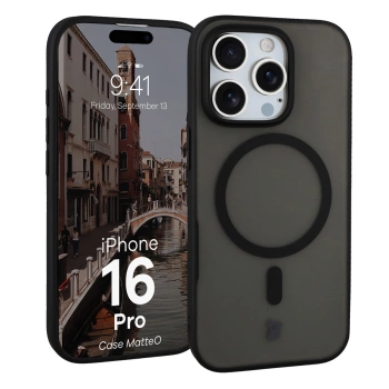 Etui z pierścieniem magnetycznym Bizon Case MatteO do iPhone 16 Pro, półprzezroczyste z czarną ramką