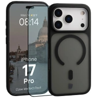 Etui z pierścieniem magnetycznym + szkło hartowane Bizon MatteO Pack do iPhone 17 Pro, przydymione-czarne