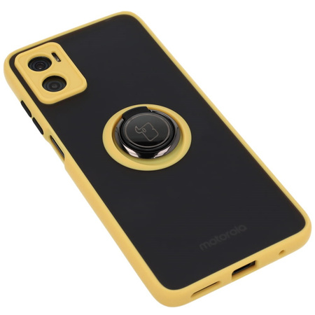 Etui z uchwytem na palec Bizon Case Hybrid Ring do Motorola Moto E22 / E22i, przydymione z żółtą ramką