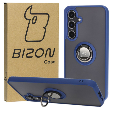 Etui z uchwytem na palec Bizon Case Hybrid Ring do Galaxy S24 FE, przydymione z granatową ramką