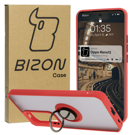 Etui z uchwytem na palec Bizon Case Hybrid Ring do Oppo Reno 12, przydymione z czerwoną ramką