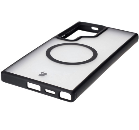 Etui z pierścieniem magnetycznym Bizon Case MatteO do Galaxy S24 Ultra, półprzezroczyste z czarną ramką