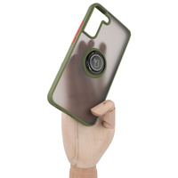 Etui z uchwytem na palec Bizon Case Hybrid Ring do Galaxy S22 Plus, przydymione z zieloną ramką
