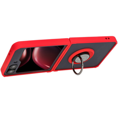 Etui z uchwytem na palec Bizon Case Hybrid Ring do Galaxy Z Flip7 FE / Z Flip6, przydymione z czerwoną ramką