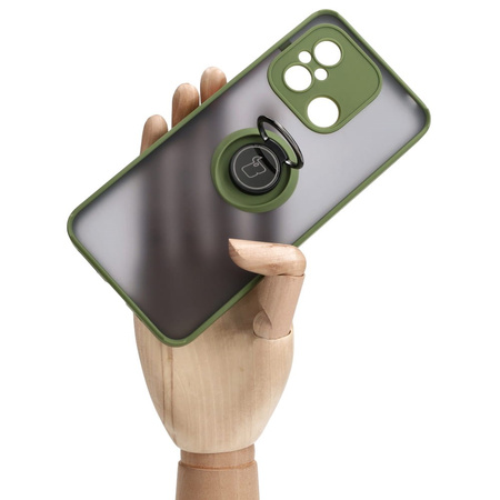 Etui z uchwytem na palec Bizon Case Hybrid Ring do Xiaomi Redmi 12C, przydymione z zieloną ramką