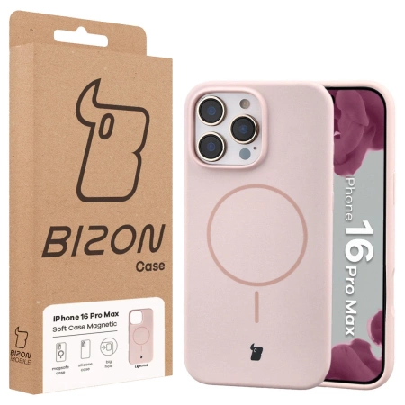 Silikonowe etui z pierścieniem magnetycznym Bizon Soft Case Magnetic do iPhone 16 Pro Max, jasnoróżowe