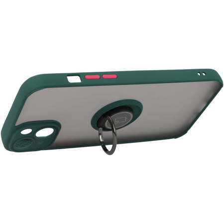 Etui z uchwytem na palec Bizon Case Hybrid Ring do iPhone 14 Plus, przydymione z ciemnozieloną ramką