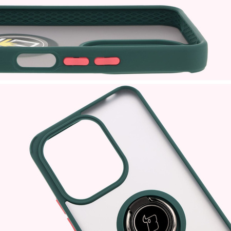 Etui z uchwytem na palec Bizon Case Hybrid Ring do Xiaomi Redmi 13 4G, przydymione z ciemnozieloną ramką