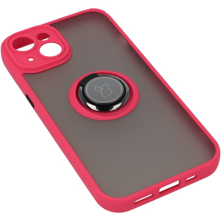 Etui z uchwytem na palec Bizon Case Hybrid Ring do iPhone 14, przydymione z czerwoną ramką
