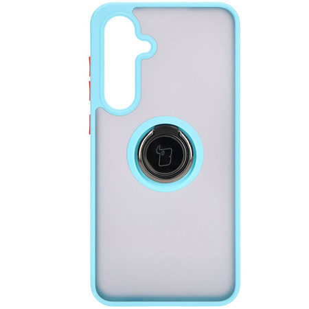 Etui z uchwytem na palec Bizon Case Hybrid Ring do Galaxy S24 FE, przydymione z jasnoniebieską ramką