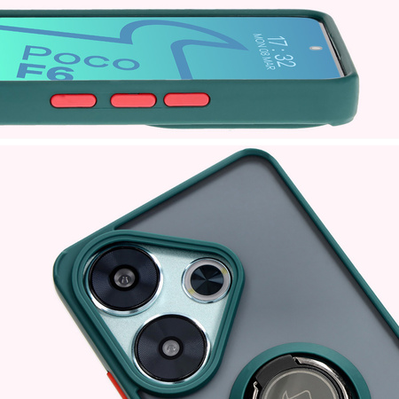 Etui z uchwytem na palec Bizon Case Hybrid Ring do Xiaomi Poco F6, przydymione z ciemnozieloną ramką