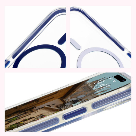 Etui z pierścieniem magnetycznym Bizon Case Marco do iPhone 15, przezroczyste z niebieską ramką