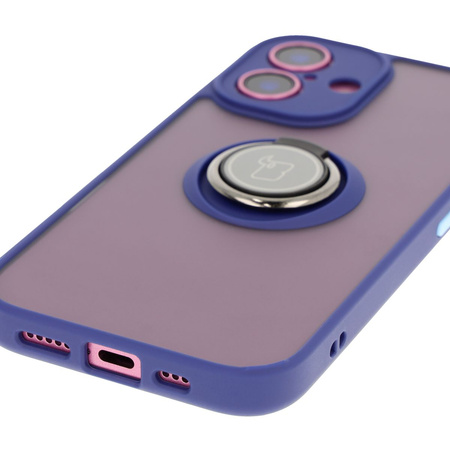 Etui z uchwytem na palec Bizon Case Hybrid Ring do iPhone 16, przydymione z granatową ramką