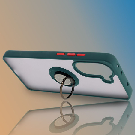 Etui z uchwytem na palec Bizon Case Hybrid Ring do Xiaomi Poco X7 Pro, przydymione z ciemnozieloną ramką