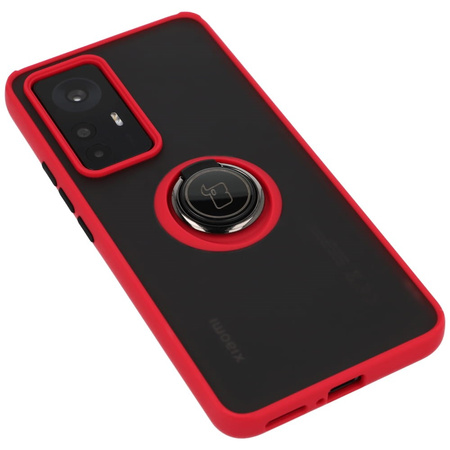Etui z uchwytem na palec Bizon Case Hybrid Ring do Xiaomi 12T / 12T Pro, przydymione z czerwoną ramką