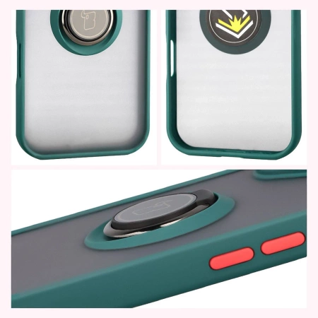 Etui z uchwytem na palec Bizon Case Hybrid Ring do iPhone 17, przydymione z ciemnozieloną ramką