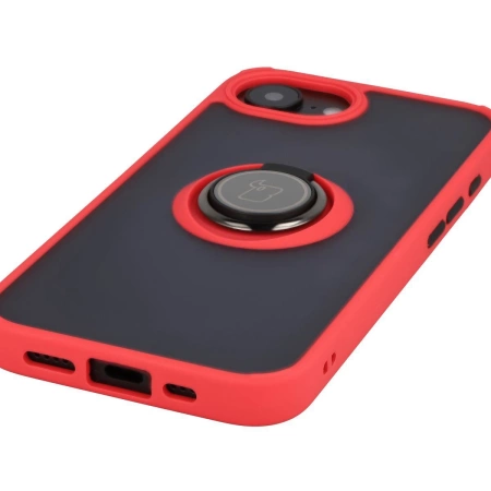 Etui z uchwytem na palec Bizon Case Hybrid Ring do iPhone 16e, przydymione z czerwoną ramką