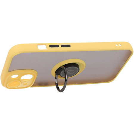 Etui z uchwytem na palec Bizon Case Hybrid Ring do iPhone 14, przydymione z żółtą ramką