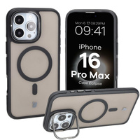 Etui z podstawką i pierścieniem magnetycznym Bizon Case Eclipse do iPhone 16 Pro Max,  przydymione z czarną ramką