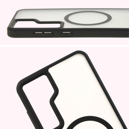 Etui z pierścieniem magnetycznym Bizon Case MatteO do Samsung Galaxy S24 Plus, półprzezroczyste z czarną ramką