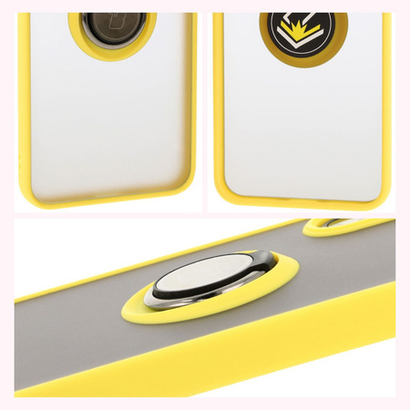 Etui z uchwytem na palec Bizon Case Hybrid Ring do Galaxy A16 4G/5G, przydymione z żółtą ramką