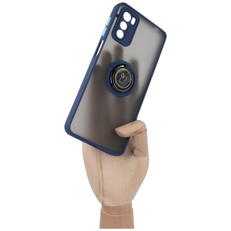 Etui z uchwytem na palec Bizon Case Hybrid Ring do Motorola Moto G42 , przydymione z granatową ramką