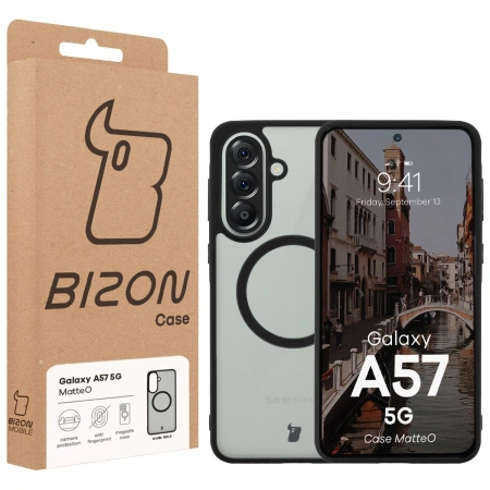 Etui z pierścieniem magnetycznym Bizon Case MatteO do Galaxy A57 5G, przydymione-czarne