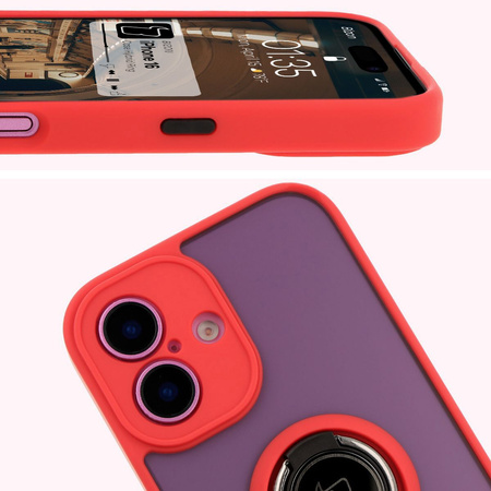 Etui z uchwytem na palec Bizon Case Hybrid Ring do iPhone 16, przydymione z czerwoną ramką