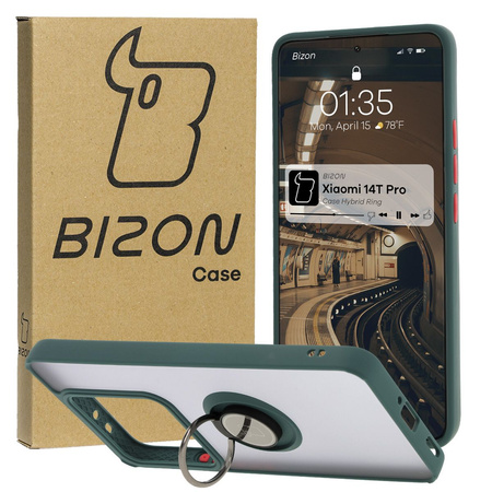 Etui z uchwytem na palec Bizon Case Hybrid Ring do Xiaomi 14T Pro, przydymione z ciemnozieloną ramką