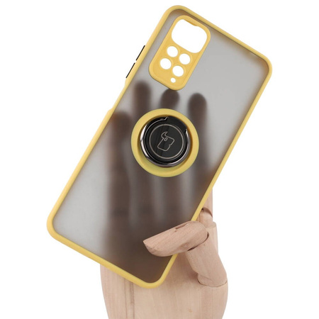 Etui z uchwytem na palec Bizon Case Hybrid Ring do Xiaomi Redmi Note 11 / 11S 4G, przydymione z żółtą ramką