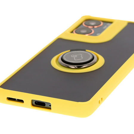 Etui z uchwytem na palec Bizon Case Hybrid Ring do Motorola Moto G85 5G, przydymione z żółtą ramką