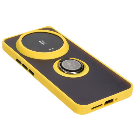 Etui z uchwytem na palec Bizon Case Hybrid Ring do Xiaomi 14 Ultra, przydymione z żółtą ramką