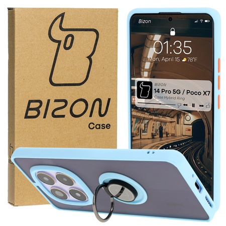 Etui z uchwytem na palec Bizon Case Hybrid Ring do Xiaomi Redmi Note 14 Pro 5G / Poco X7, przydymione z jasnoniebieską ramką