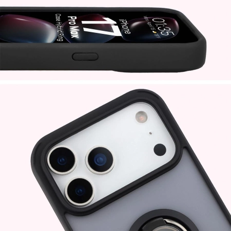 Etui z uchwytem na palec Bizon Case Hybrid Ring do iPhone 17 Pro Max, przydymione z czarną ramką