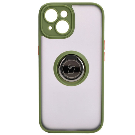 Etui z uchwytem na palec Bizon Case Hybrid Ring do iPhone 15, przydymione z zieloną ramką