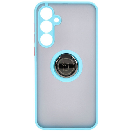 Etui z uchwytem na palec Bizon Case Hybrid Ring do Galaxy A55 5G, przydymione z jasnoniebieską ramką