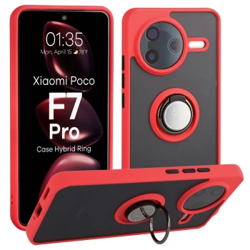 Etui z uchwytem na palec Bizon Case Hybrid Ring do Xiaomi POCO F7 Pro, przydymione z czerwoną ramką