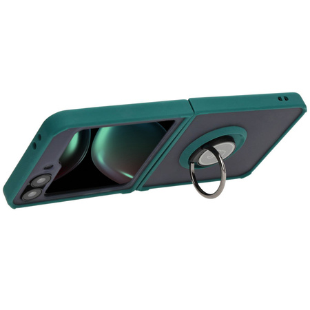 Etui z uchwytem na palec Bizon Case Hybrid Ring do Galaxy Z Flip6, przydymione z ciemnozieloną ramką
