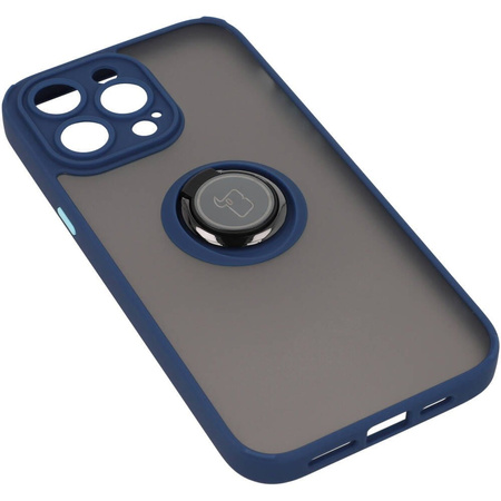 Etui z uchwytem na palec Bizon Case Hybrid Ring do iPhone 14 Pro Max, przydymione z granatową ramką