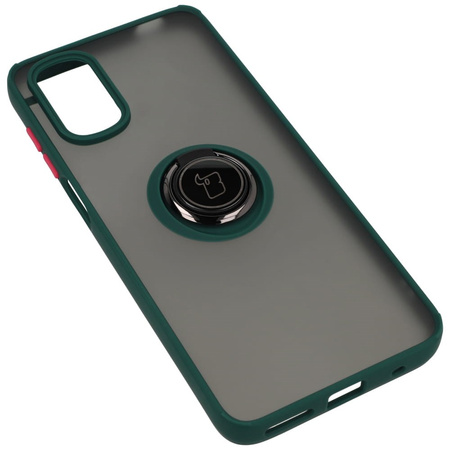 Etui z uchwytem na palec Bizon Case Hybrid Ring do Motorola Moto G22 / E32 / E32s, przydymione z ciemnozieloną ramką