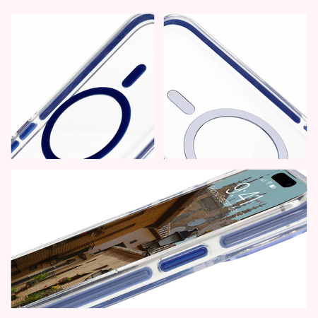 Etui z pierścieniem magnetycznym Bizon Case Marco do iPhone 15 Pro Max, przezroczyste z niebieską ramką